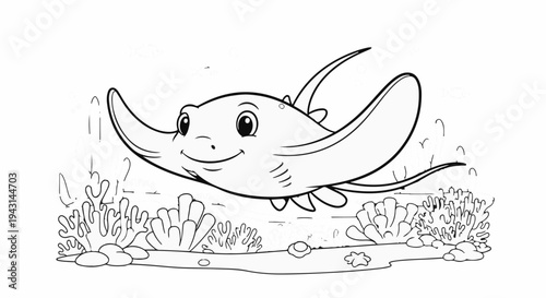 A happy cartoon stingray swims above coral and rocks under water