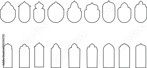 Islamic Old mosque windows shape in oriental style islamic door icon set . Ramadan kareem silhouette icon. Mosque gate element geometric frame. Islamic arabesque pattern. Arabian muslim shape arch.