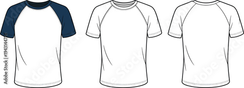 Three White T- Shirts with Blue Raglan Sleeves Displayed from Front and Back Views t-shirt front view
