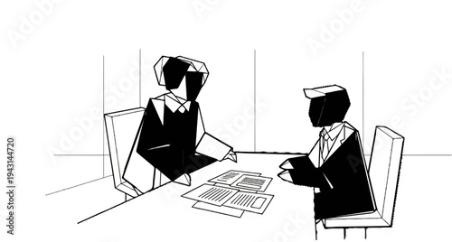 Two figures in formal attire sit at a table with documents