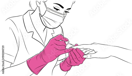 A nail technician with pink gloves applies polish to a client's nails