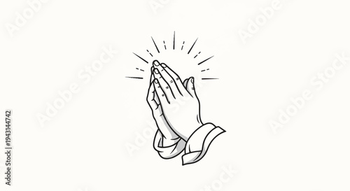 A stark black and white drawing of hands clasped together in prayer, with radiating lines