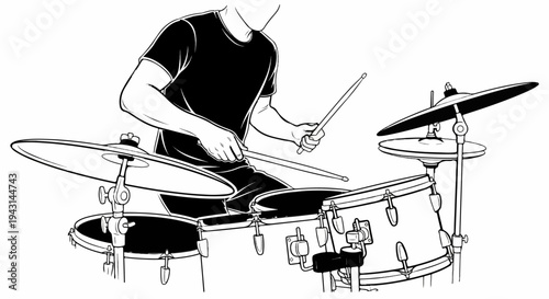 A person playing a drum kit with drumsticks