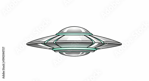 A silver flying saucer with glowing teal accents hovers against a white background
