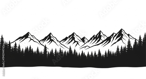 Mountain Range Silhouette with Trees.