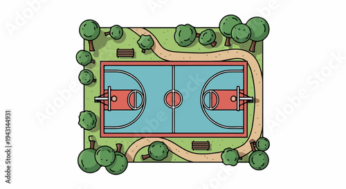 Aerial view of a recreational basketball court with surrounding trees and benches