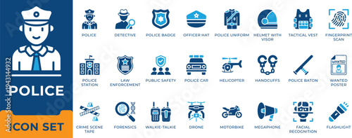 Police and law enforcement icon set. Crime investigation, detective, public safety, forensics, security and patrol equipment vector symbols.