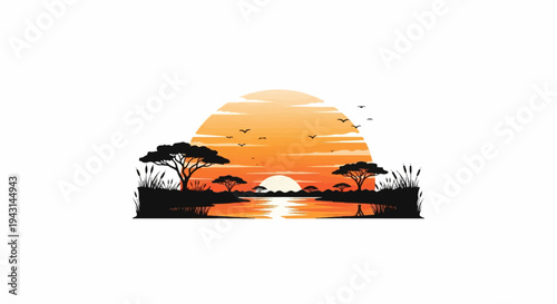 African savanna sunset with acacia trees, birds, and a lone figure by water