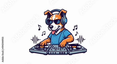 Animated dog wearing headphones and sunglasses, mixing on turntables