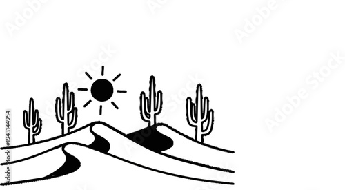 Stylized desert landscape with cacti under a bright sun