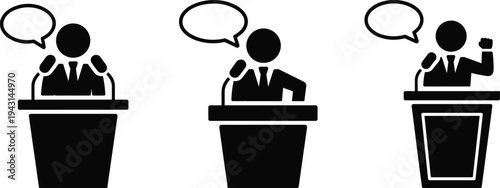 Three Black Silhouette Icons of a Speaker at a Podium with Speech Bubbles Keywords: speaker, podium, speech, speaking, talking