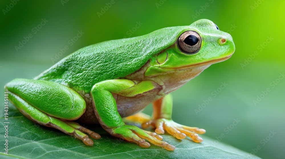 Fototapeta premium Close up of a vibrant green frog resting on a leaf in natural light