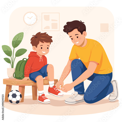 Father helping son tie shoelaces at home