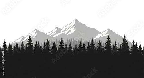 Mountain Range Silhouette with Trees.