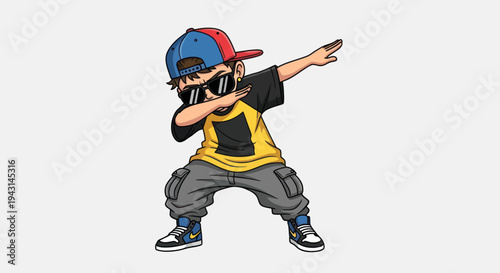 Young boy wearing sunglasses and cap dancing.