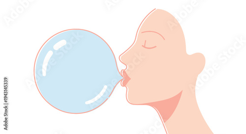 Woman Blowing Large Blue Bubble Gum Bubble.
