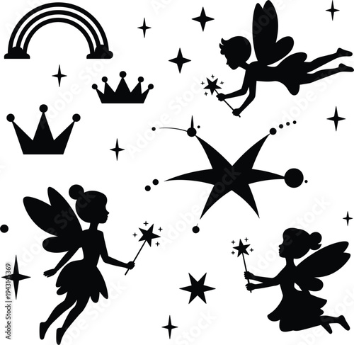 Whimsical fairy tale elements including fairies, crowns, and rainbow silhouette magic fantasy