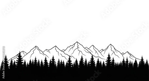 Mountain Range Silhouette with Trees.