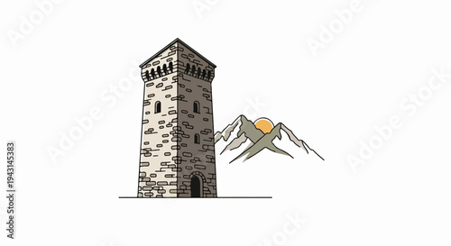 A stone tower stands before rugged mountains at sunset