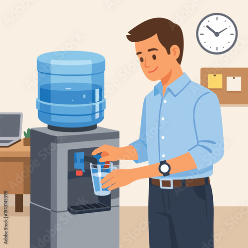 Man filling a glass at a water cooler in office