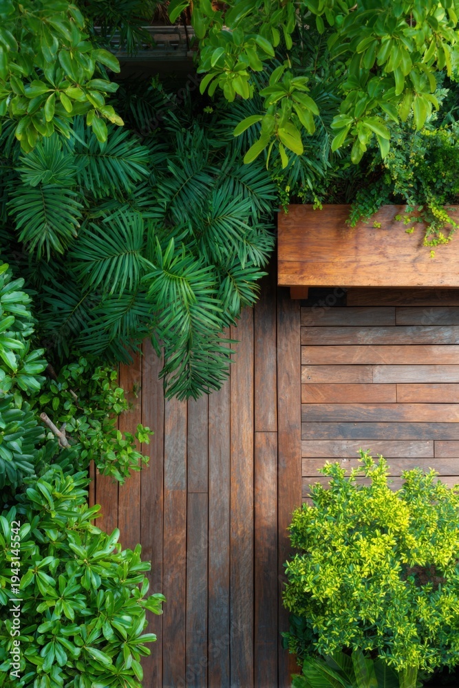 Fototapeta premium Tropical rooftop wooden deck garden top view dense palm foliage overhanging warm wooden planks and raised planter edge
