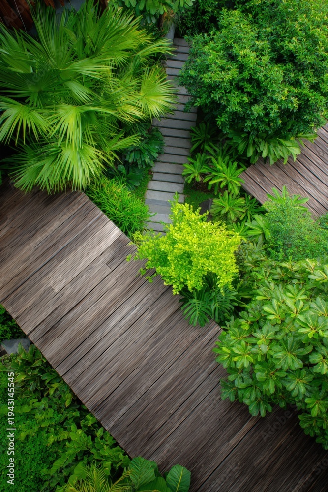 Fototapeta premium Intersecting wooden decks weaving through lush greenery with palms shrubs and varied foliage forming a layered garden pathway viewed from above in a compact tropical courtyard