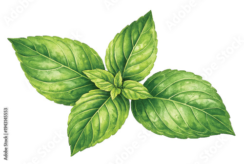 Thai Basil Leaves Ocimum Basilicum Watercolor Botanical Illustration Isolated on Transparent Background