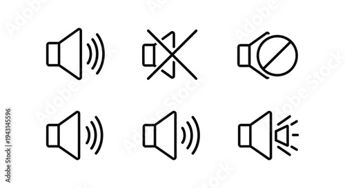 Collection of minimalist line art vector icons representing various volume and sound settings 