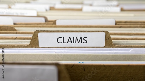 Close-Up View of File Folders Labeled Claims in an Office Setting