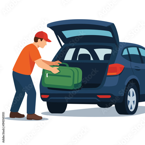 Man loading suitcase into car trunk for travel