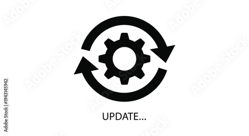 Black vector illustration of a gear icon encircled by arrows indicating a system update or refresh process.