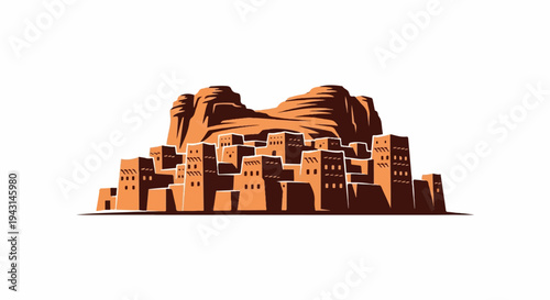 Stylized desert town nestled against large rock formations