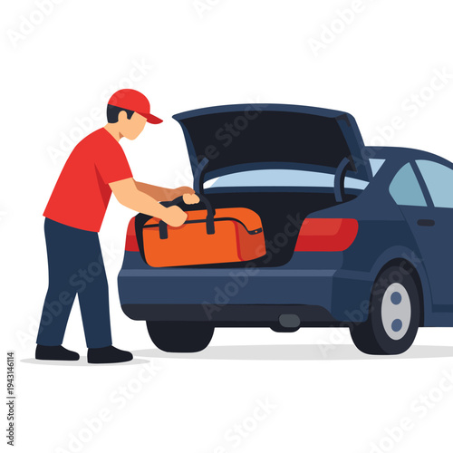 Man placing an orange bag in car trunk for travel