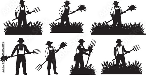Black Solid Agriculture Farm Worker Silhouettes Set of Six on White Background