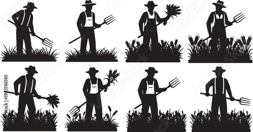 Black Solid Agriculture Farm Worker Silhouettes Set of Six on White Background