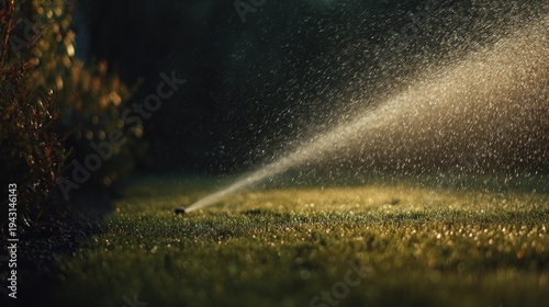 Sprinkler sprays water on green lawn in the evening sunlight creates wetness