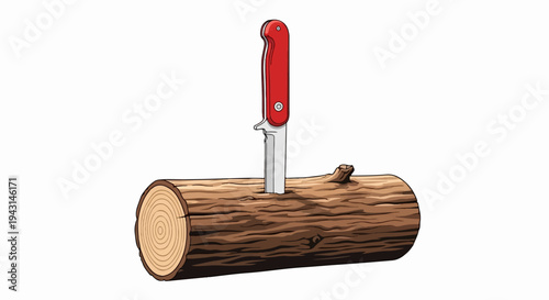 A red-handled pocket knife pierces a wooden log with visible rings