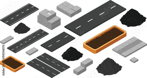Isometric 3D road construction elements, asphalt piles, pavement blocks, street segments, infrastructure materials, urban road building kit illustration set design