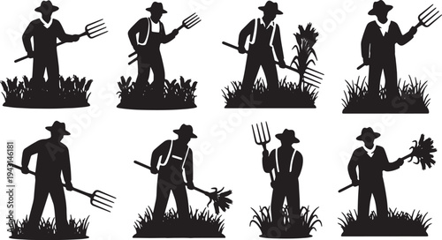 Black Solid Agriculture Farm Worker Silhouettes Set of Six on White Background