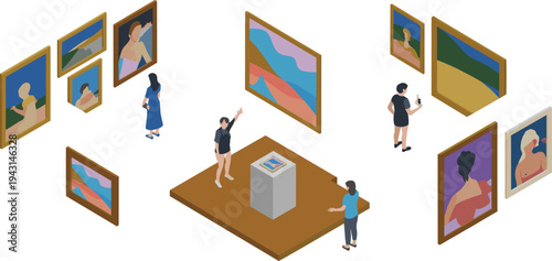 Isometric art gallery exhibition hall, museum visitors viewing paintings, modern art display, contemporary artwork showcase, cultural museum illustration