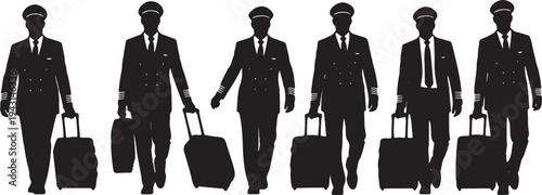 Black Solid Airline Pilots Pulling Luggage Silhouettes Set of Six on White Background