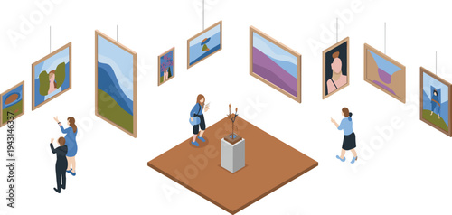 Isometric art gallery exhibition, modern museum interior, visitors viewing paintings, contemporary artwork display, cultural exhibition illustration concept