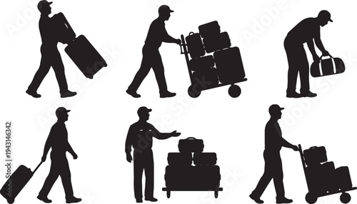 Black Solid Airport Baggage Handler Silhouettes Set of Six on White Background