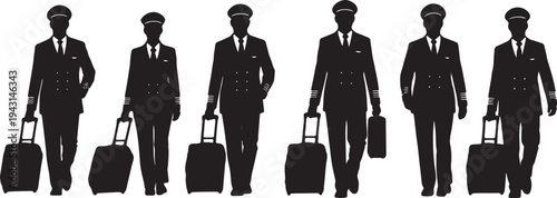 Black Solid Airline Pilots Pulling Luggage Silhouettes Set of Six on White Background