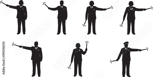 Black Solid Airport Ground Crew Light Wands Silhouettes Set of Six on White Background