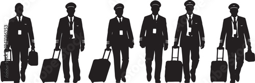 Black Solid Airline Pilots Pulling Luggage Silhouettes Set of Six on White Background