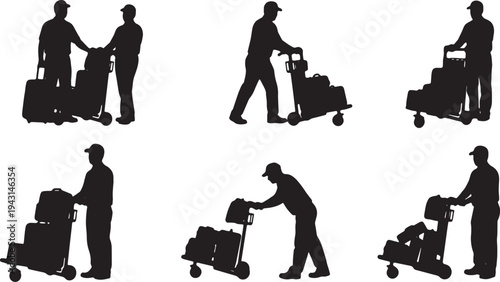 Black Solid Airport Baggage Handler Silhouettes Set of Six on White Background