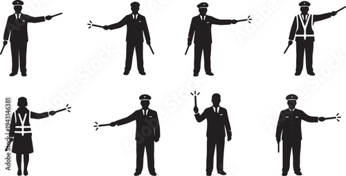 Black Solid Airport Ground Crew Light Wands Silhouettes Set of Six on White Background