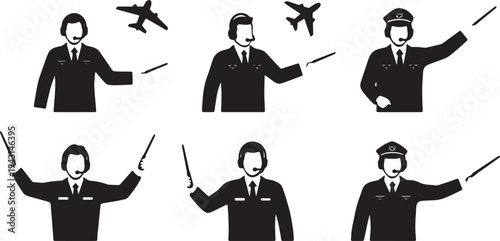 Black Solid Air Traffic Controller Silhouettes Set of Six on White Background