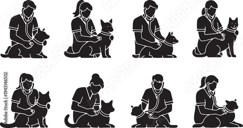 Black Solid Animal Care Veterinarian Silhouettes Set of Six on White Background